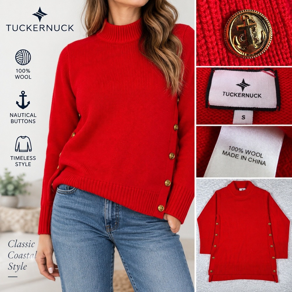 NEW Tuckernuck Mock Neck Women S Red Wool Nautical Gold Anchor Button Sweater
